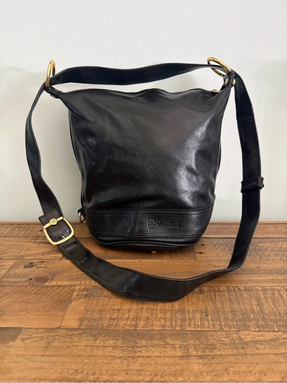 Marino Orlandi Black Leather Sling Bag Bucket Hobo with Gold Accents